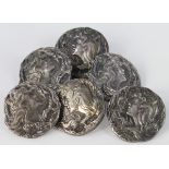 Six Silver Art Nouveau buttons, each depicting a female head, hallmarked 'W.H., Birmingham 1900' (