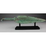 Large Bronze Age Leaf Shape Spear, C. 1200 - 800 B.C. Ancient Greek. Cast bronze "rat-tailed" spear.