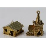 9ct Swiss chalet opening charm, weight 2.2g. 9ct opening church charm, weight 2.6g.