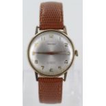 Gents 9ct cased wristwatch by Majex circa 1968, the silvered dial with Arabic numerals. Working when