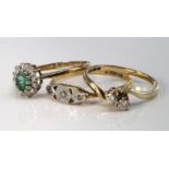 18ct and platinum diamond three stone ring, size Q, weight 1.9g. 9ct emerald and diamond cluster