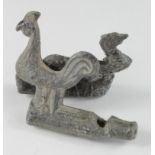 Tudor Period Pewter whistle with Cockerels, ca. 1500 AD, cast tubular body; applied cockrel on