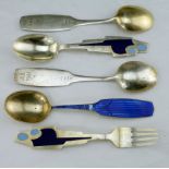 Five Danish silver & enamel forks & spoons by Anton Michelsen, each stamped 'Jul 1961 or 1962' to