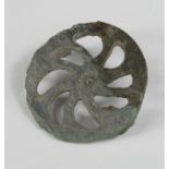 Roman Wheel of Fortune Fibula , C. 200 A.D. Good condition with green ancient patina. 31 mm.