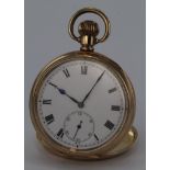 Gents gold plated open face pocket watch in the Dennison "Moon" case, the white 43mm dial with