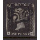 GB 1840 1d Penny Black (A-C) identified as likely Plate 10, 3 margins, no tears thins or creases,