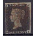 GB - 1840 Penny Black Plate 8 (D-I) two margins, no thins or creases, Good used cat £525