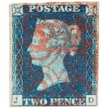 GB - 1840 Two Penny Blue Plate 2 (J-D) var.e. cancelled with red MX, four margins, small cut N/W/