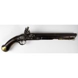 Pistol: 'Long' flintlock cavalry pistol. Barrel 12", pistol bore of approx .56". Flat lockplate