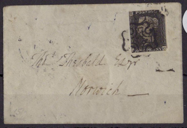 GB - 1840 Penny Black Plate 5 (K-C), tiny cover with poor Penny Back tied by black MX, sent within