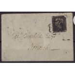 GB - 1840 Penny Black Plate 5 (K-C), tiny cover with poor Penny Back tied by black MX, sent within