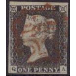 GB - 1840 Penny Black Plate 3 (Q-A) four close to good margins, light horizontal crease, Good used