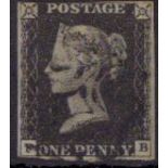 GB - 1840 Penny Black Plate 4 (F-B) just four margins, very close at top, no thins or creases,