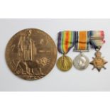 1914 trio with clasp and memorial plaque documents etc., to Pte James Ross 1st bn Northamptonshire