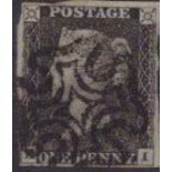 GB - 1840 Penny Black Plate 8 (B-I) with four ragged margins, small cut at top, no thins or creases,