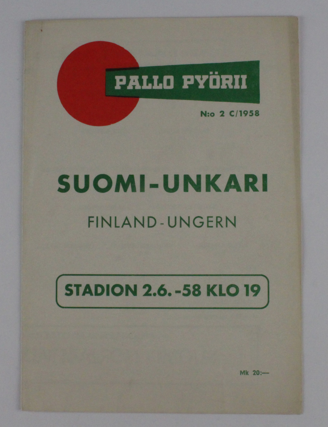 Finland v Hungary International played Helsinki 2/6/1958. A warm up match for the world cup.