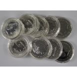 GB Silver 1oz Britannias (9) 2000x3, 02x2, 07x3 & 2008. BU in hard plastic capsules