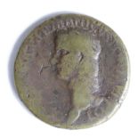 Caligula brass sestertius, Rome Mint 39-40 A.D., reverse Caligula standing on platform at left,