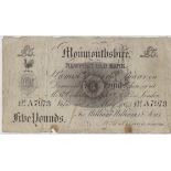 Provincial issue, Monmouthshire Newport Old Bank £5 dated 1845 for William Williams & Sons. VG