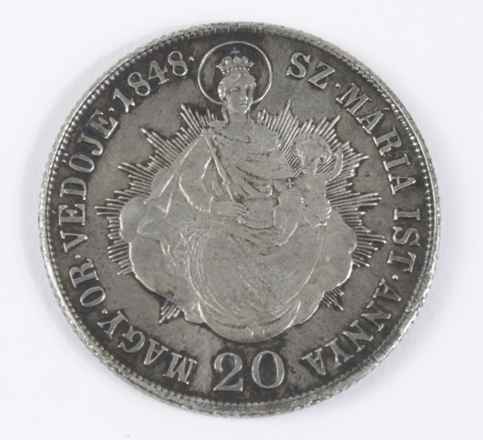 Hungary Ferdinand V 1848 (0.500) silver 20 Krajczar, probably EF condition - is a little dirty.