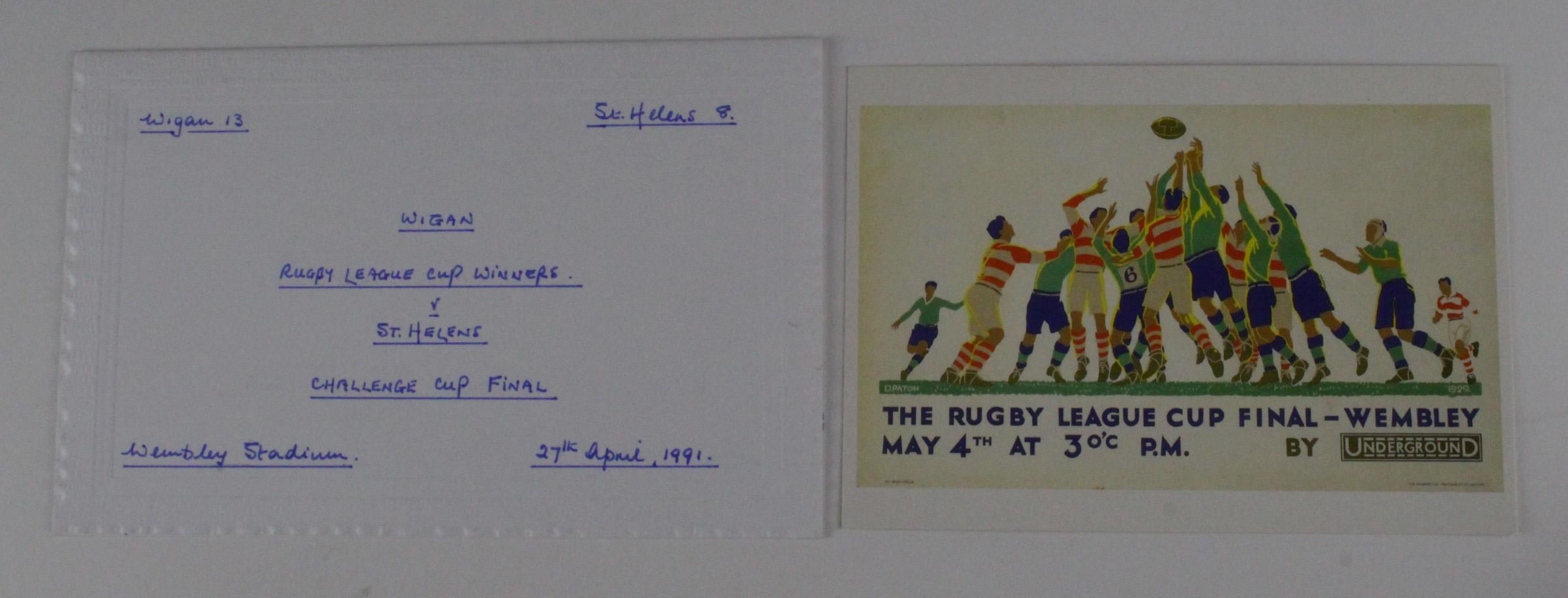 Rugby League Wigan Re RLC/F victories 1991-1995, fold over card 27/4/1991 signed by 16 players