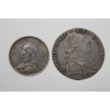 Shilling 1787 no hearts, toned aEF, and Sixpence 1887 wreath lightly, toned EF