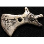 Viking silver votive pendant of an axehead in the form of a howling wolf, c.40mm., found near