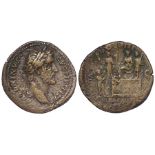 Antoninus Pius sestertius, Rome Mint 145 A.D., reverse:- Antoninus Pius seated on a platform,