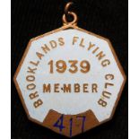 Brooklands Flying Club, 1939 Members Pass/Badge, No. 417.