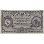 Isle of Man "Martins Bank Limited" One Pound IM13d "174708" dated 1/3/1946. VF