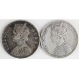 Indian silver 1 rupee coins (2) 1862 and 1890 about V.F.