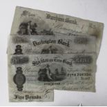 Provincial issues (3). Stockton on Tees Bank Five Pounds 1895 cut cancelled, Durham Bank Five Pounds