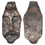 Viking silver pendant with hanging loop at top, c.25mm., depicting male head facing, bearded and