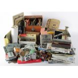 Box of various ephemera and collectibles inc shipping interest, coins, postcards, razors, lighters