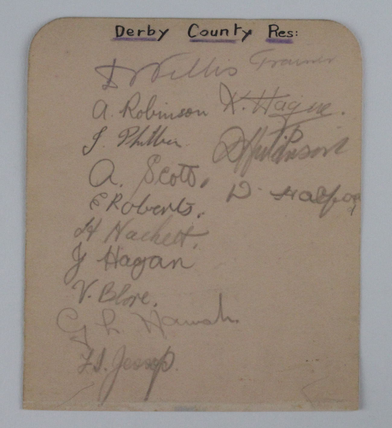Football autographs Oldham Ath / Derby County Res c1932/33. Signed both sides Oldham x13 players inc