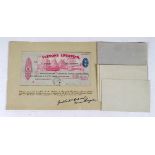 Cheques - Cunard White Star Limited c1949, Mercantile Bank of India Limited c1925, Ottoman Bank Port