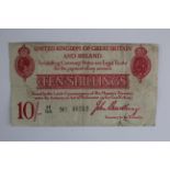 Treasury British 10/- note, 2nd Bradbury issue H. 38. Slightly grubby, Fine