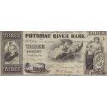 USA, Potomac River Bank $3. dated 1854. EF