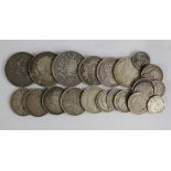 GB Silver (24) 18th-20thC assortment, 3d to Crowns, mixed grade.