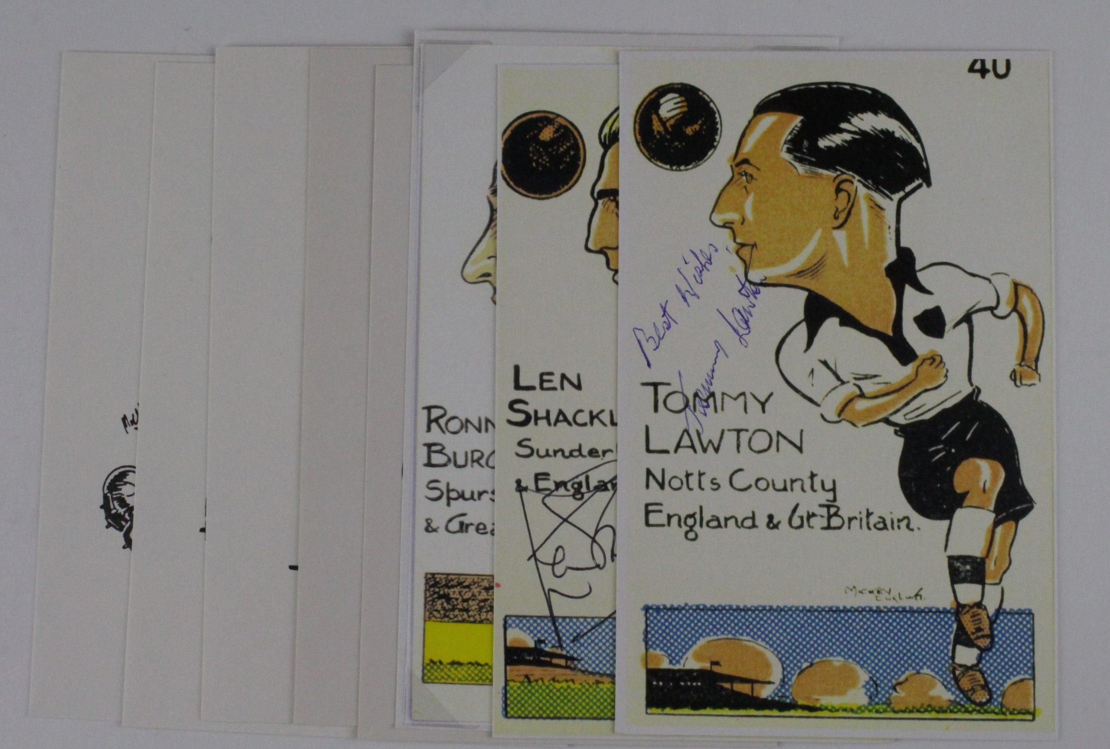 Football postcards coloured by Mickey Durling, each autographed inc Shackleton Lawton Burgess,