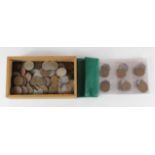 Ireland, accumulation of coins in a small wooden box, mostly base metal, a couple of 'green