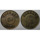 Ireland brass 'Curragh' tokens 1940, 1d and 6d, VF-GVF