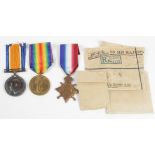 1915 Star Trio with medal packing to 20852 Pte J A Cook KOSB.