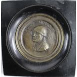 Italian Brass Plaque depicting 'BENITO MUSSOLINI', framed 135mm, with loop for hanging.