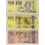 Fiji (3) 100 Dollars P114a (2007), PMG graded 65EPQ gem Unc, 100 Dollars P119a (2013), 50 Dollars