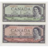 Canada (2) 1 Dollar P66a, 2 Dollars P67a (1954), both 'devil's face' hairdo on QEII, Unc/aUnc