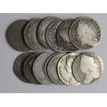 GB Early Milled Shillings (14): 1663 up/down Fair, 1668 Fair, 1696 poor, 1696y 1st bust (York