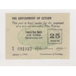 Ceylon 25 Cents P40 (1/1/1942), EF/ EF+