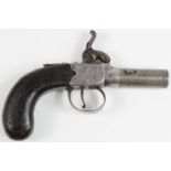 19th Century percussion box lock pocket pistol with checked grip engraved frame sliding safety catch