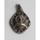 Viking silver pendant depicting the face of Odin? found Dullingham, Cambridgeshire, 25mm.